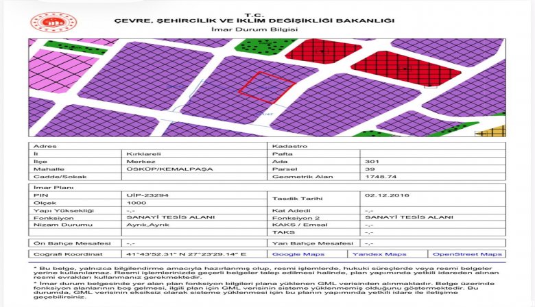 KIRKLARELİ ÜSKÜP'TE SANAYİ İMARLI 1867 m² FIRSAT E:0.80 H:9.5