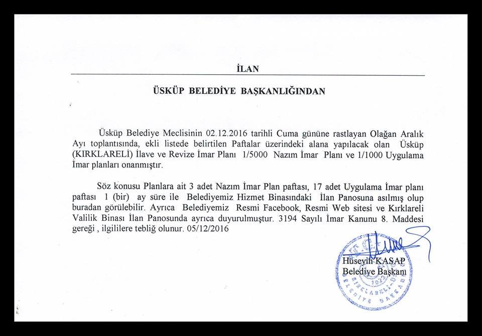 Üsküp Belediyesi 1/1000'lik imar planını onayladı!